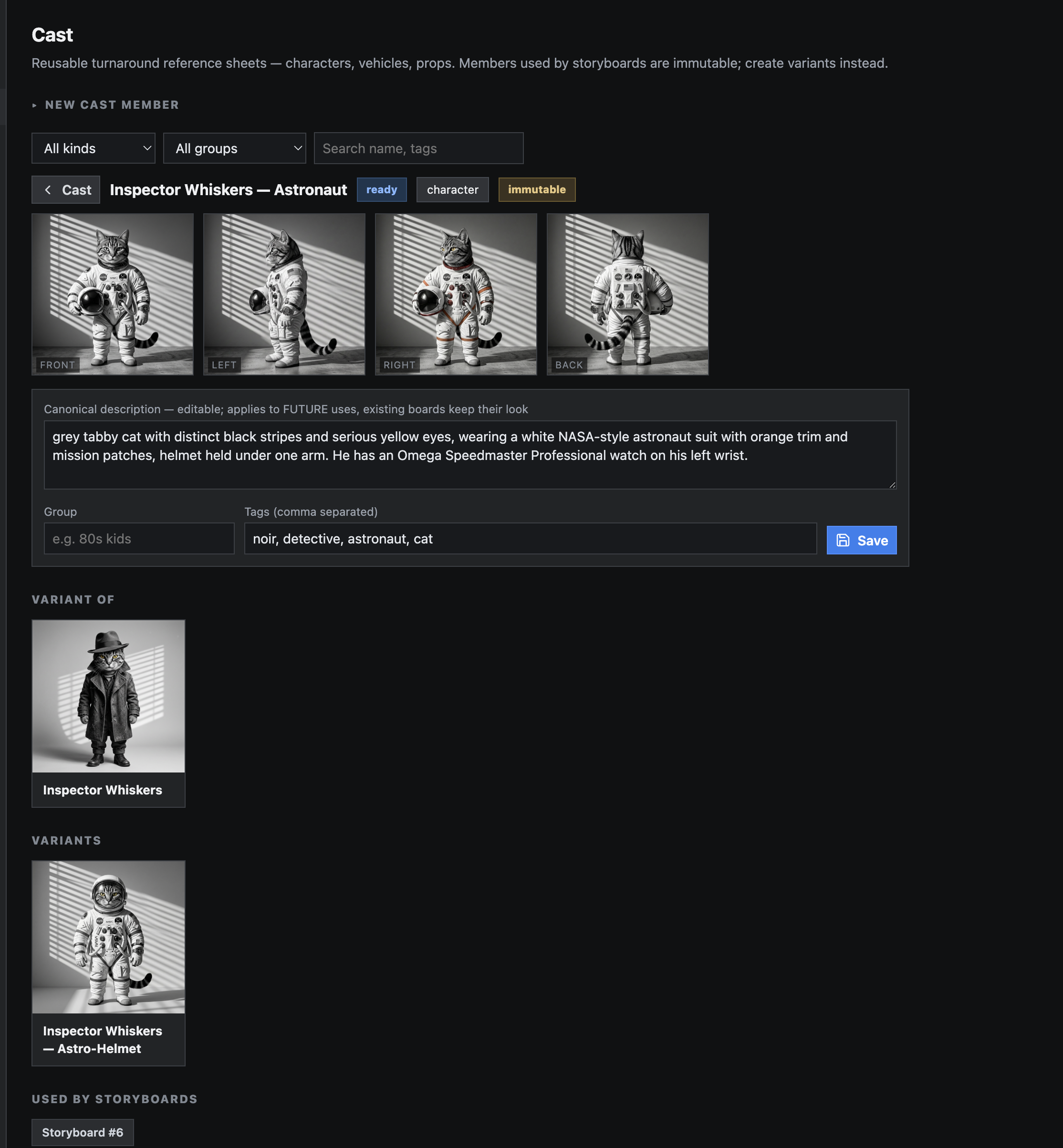 Cast member detail page with turnaround references, variants, and canonical description.