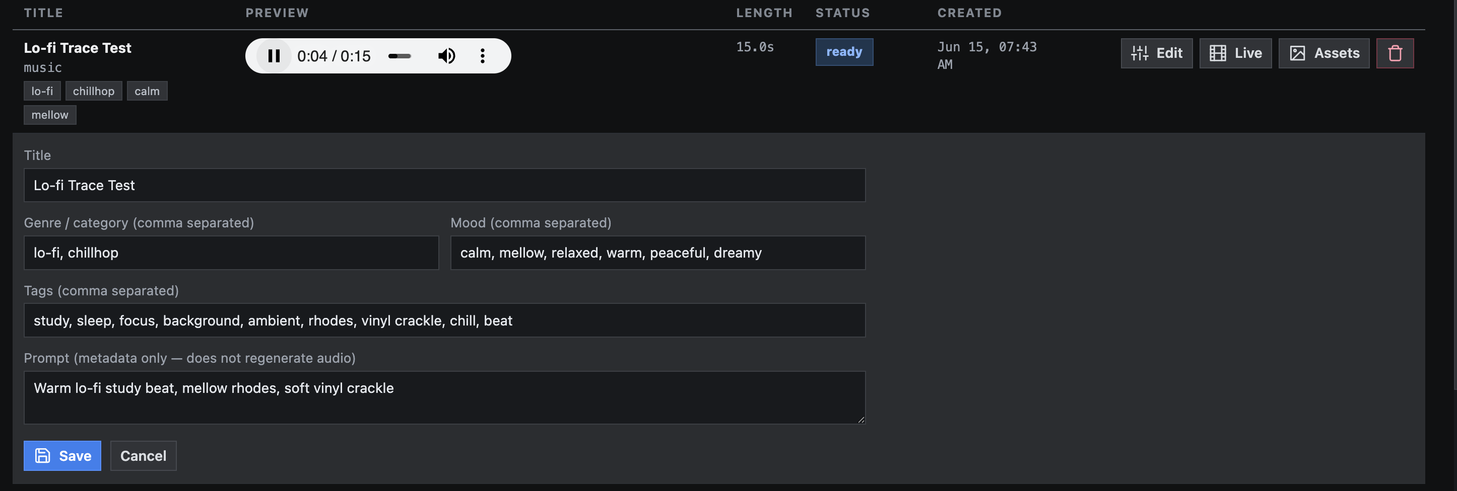 Audio management screen showing a generated music track, metadata fields, playback controls, and timeline actions.