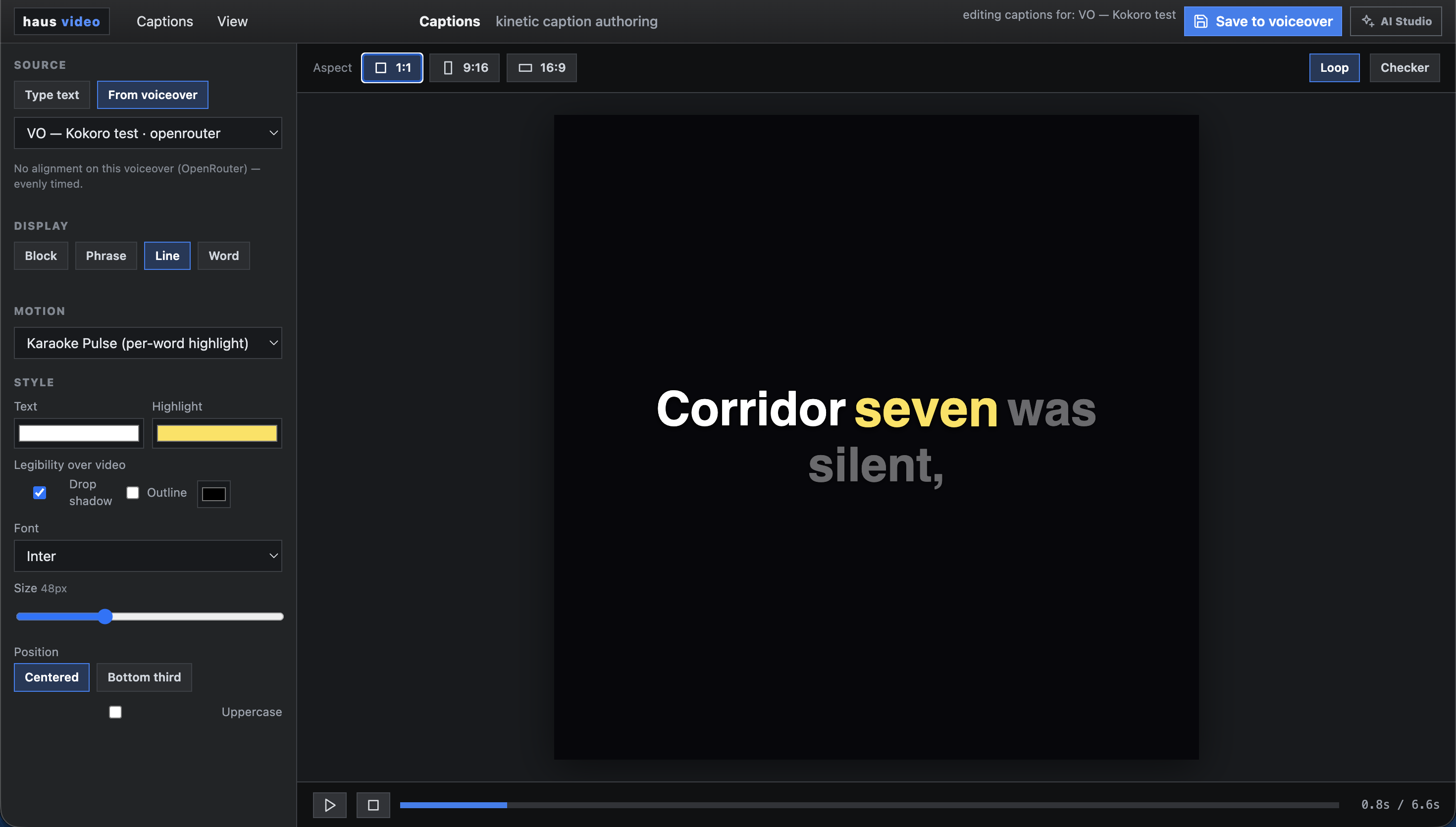 Caption editor showing voiceover source selection, line display mode, karaoke pulse motion, font controls, and preview canvas.