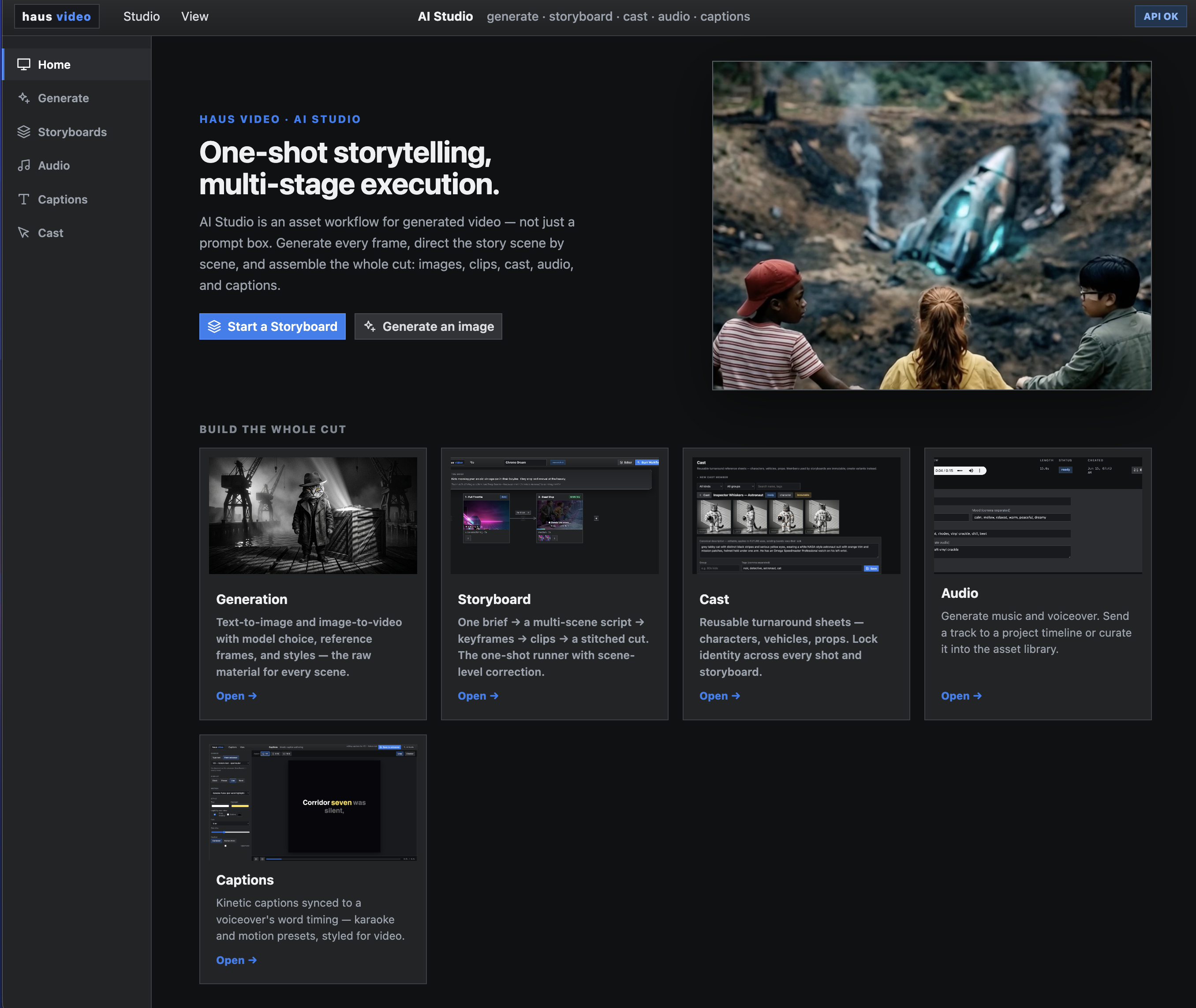 haus video AI Studio home screen with storyboard, cast, audio, and caption modules.