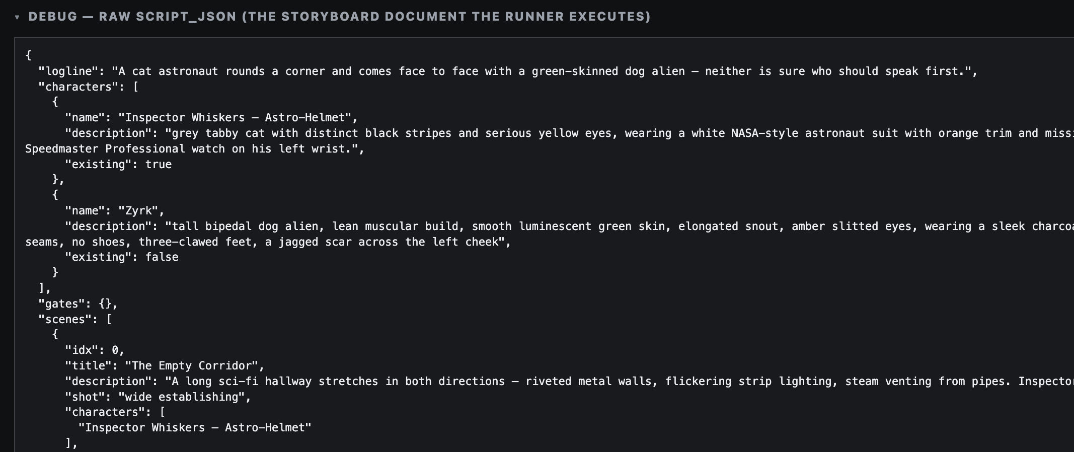 Raw script JSON showing characters and scene structure for the storyboard runner.