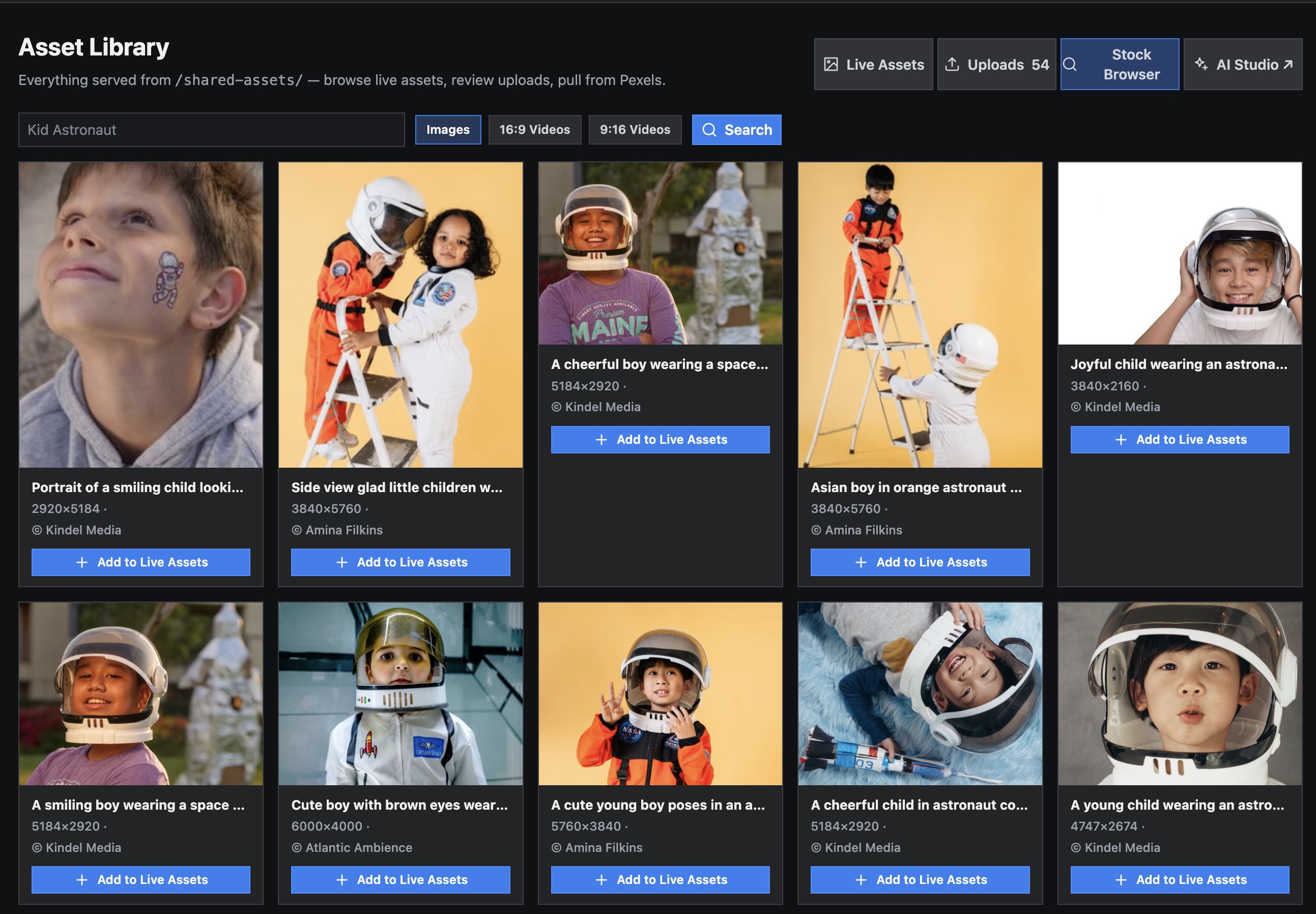 Stock media browser showing Pexels search results that can be pulled into the workflow.